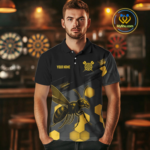 Custom Black And Yellow Bee Dart Team Men Polo Shirts, Honeycomb Dart Shirt NYN0275