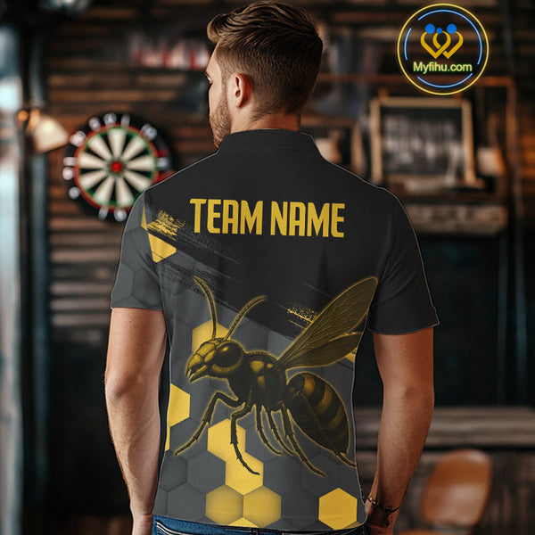 Custom Black And Yellow Bee Dart Team Men Polo Shirts, Honeycomb Dart Shirt NYN0275