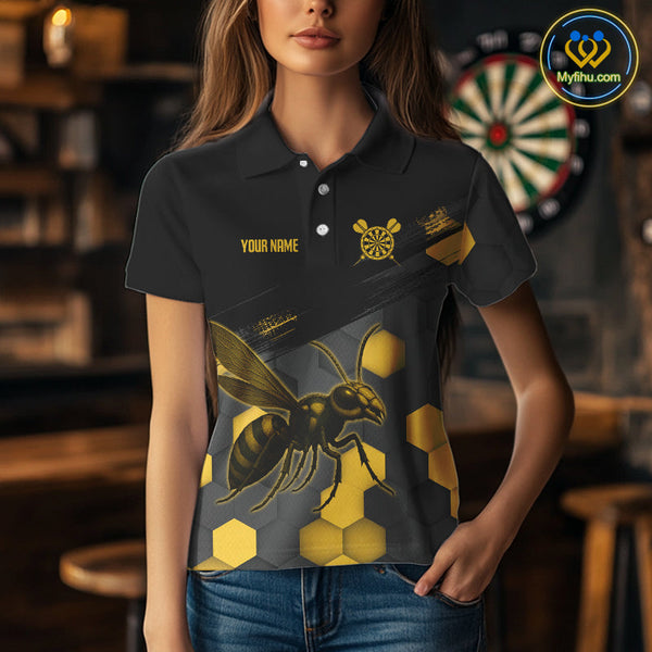 Custom Black And Yellow Bee Dart Team Women Polo Shirts, Honeycomb Dart Shirt NYN0275