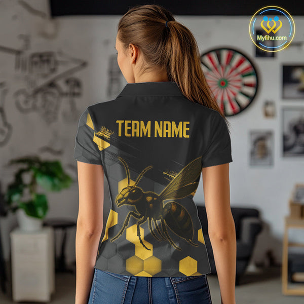 Custom Black And Yellow Bee Dart Team Women Polo Shirts, Honeycomb Dart Shirt NYN0275