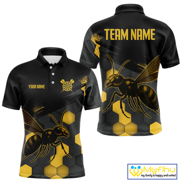 Custom Black And Yellow Bee Dart Team Men Polo Shirts, Honeycomb Dart Shirt NYN0275