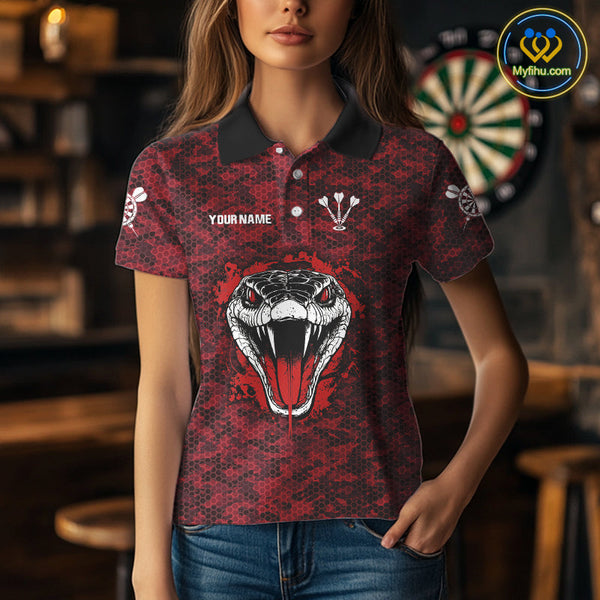 Custom Black And Red Camo Snake Dart Team Polo Shirts For Women, Dart Jersey NYN0279