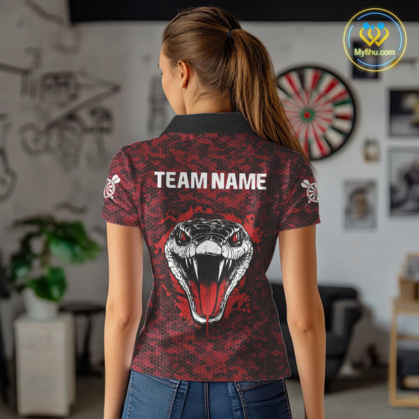 Custom Black And Red Camo Snake Dart Team Polo Shirts For Women, Dart Jersey NYN0279