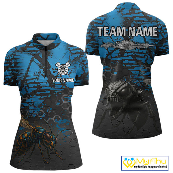 Custom Black And Blue Angry Bee Dart Team Quarter-Zip Shirts For Women, Dart Jerseys NYN0282
