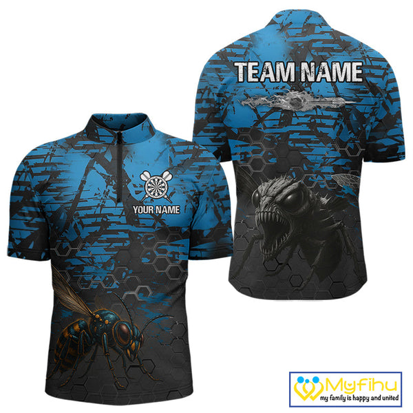 Custom Black And Blue Angry Bee Dart Team Quarter-Zip Shirts For Men, Dart Jerseys NYN0282