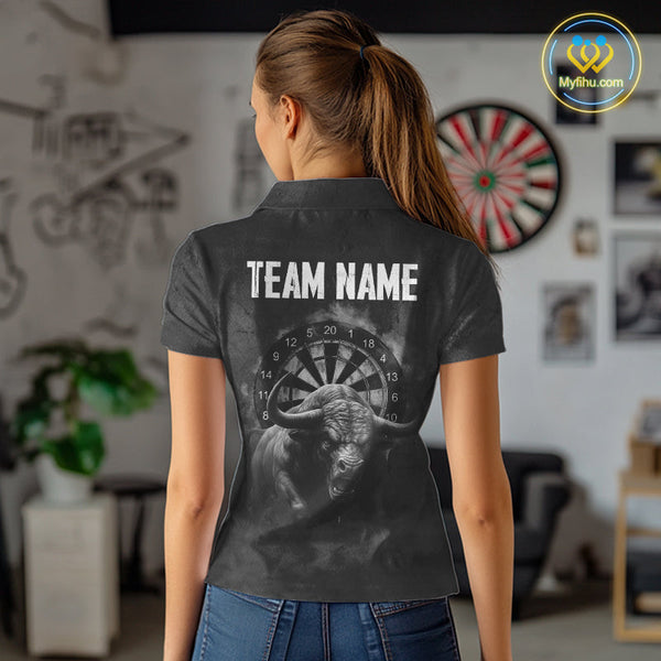 Custom Black And White Smoke Vintage Bull Dart Team Polo Shirts For Women, Dart Jerseys NYN0284