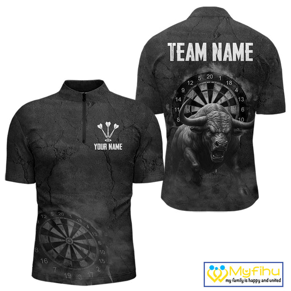 Custom Black And White Smoke Vintage Bull Dart Team Quarter-Zip Shirts For Men, Dart Jerseys NYN0284