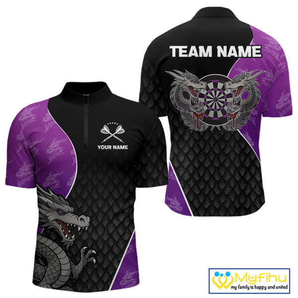Custom Black And Purple Dragon Dart Quarter-Zip Shirt For Men, Dart Tournament Shirt NYN0533