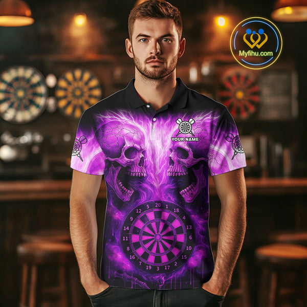 Custom Purple Flame Skull Dart Team Polo Shirt For Men, Halloween Dart Jerseys NYN0539