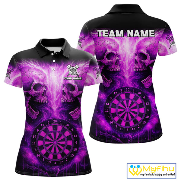 Custom Purple Flame Skull Dart Team Polo Shirt For Women, Halloween Dart Jerseys NYN0539
