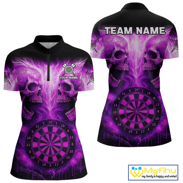 Custom Purple Flame Skull Dart Team Quarter-Zip Shirt For Women, Halloween Dart Jerseys NYN0539