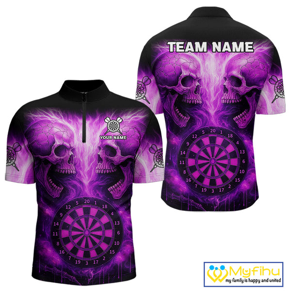 Custom Purple Flame Skull Dart Team Quarter-Zip Shirt For Men, Halloween Dart Jerseys NYN0539