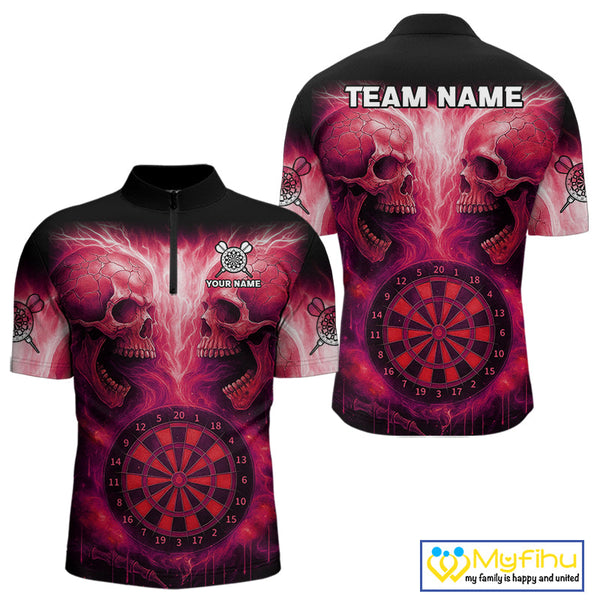 Custom Red Flame Skull Dart Team Quarter-Zip Shirt For Men, Halloween Dart Jerseys NYN0540