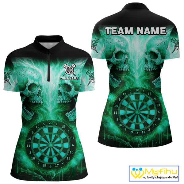 Custom Green Flame Skull Dart Team Quarter-Zip Shirt For Women, Halloween Dart Jerseys NYN0541