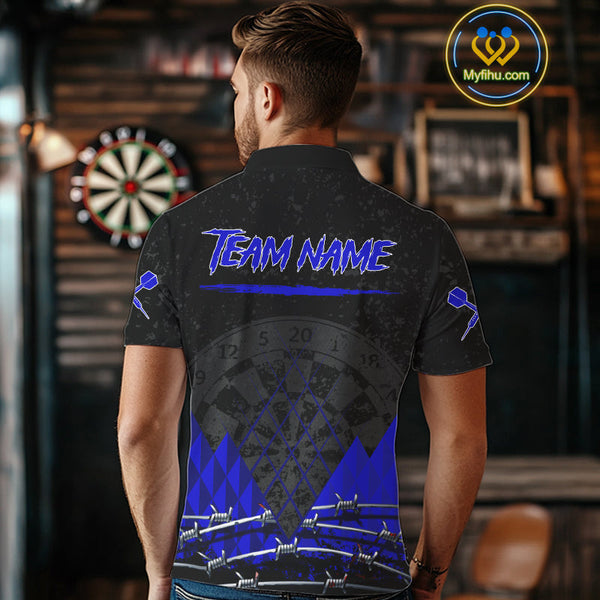 Custom Grunge Black And Blue Barbed Wire Dart Polo Shirts For Men, Dart Jerseys NYN0547