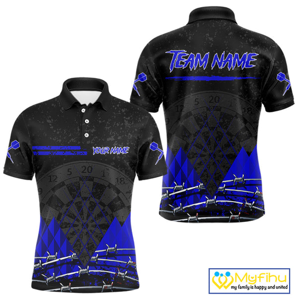 Custom Grunge Black And Blue Barbed Wire Dart Polo Shirts For Men, Dart Jerseys NYN0547