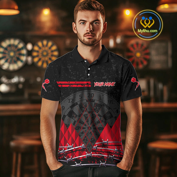 Custom Grunge Black And Red Barbed Wire Dart Polo Shirts For Men, Dart Jerseys NYN0548