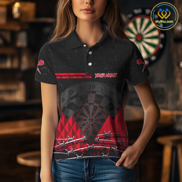 Custom Grunge Black And Red Barbed Wire Dart Polo Shirts For Women, Dart Jerseys NYN0548