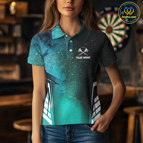 Custom Blue And Green Galaxy Dart Team Polo Shirts For Women, Dart Jerseys NYN0287