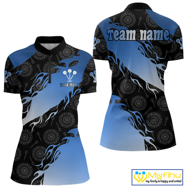Custom Blue Gradient Flame Dartboard Pattern Women Quarter-Zip Shirts, Dart League Shirt NYN0291