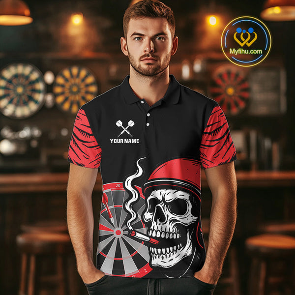 Custom Funny Black And Red Skull Dart Polo Shirt For Men, Dart Jersey NYN0557