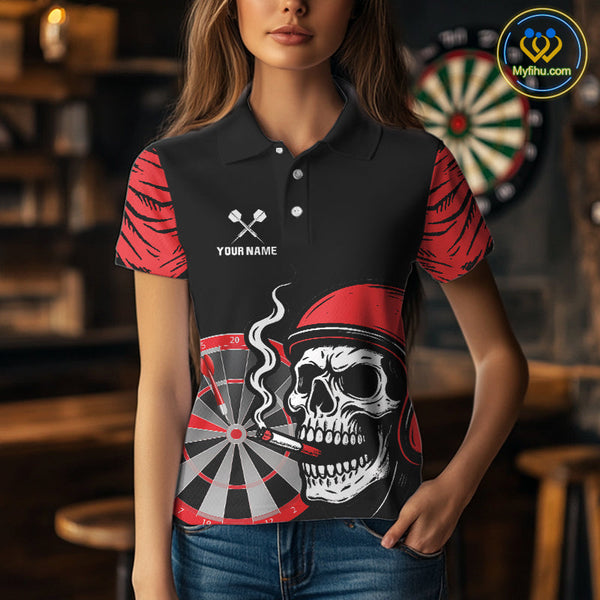 Custom Funny Black And Red Skull Dart Polo Shirt For Women, Dart Jersey NYN0557
