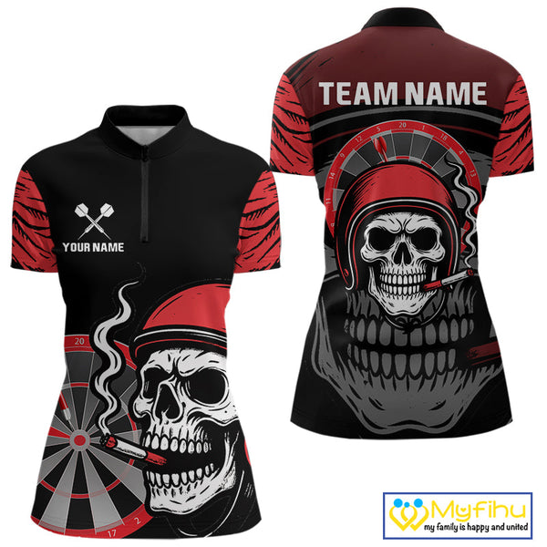 Custom Funny Black And Red Skull Dart Quarter-Zip Shirt For Women, Dart Jersey NYN0557