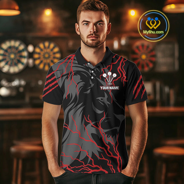 Custom Black And Red Thunder Lightning Lion Dart Jerseys, Dart Team Men Polo Shirts NYN0293