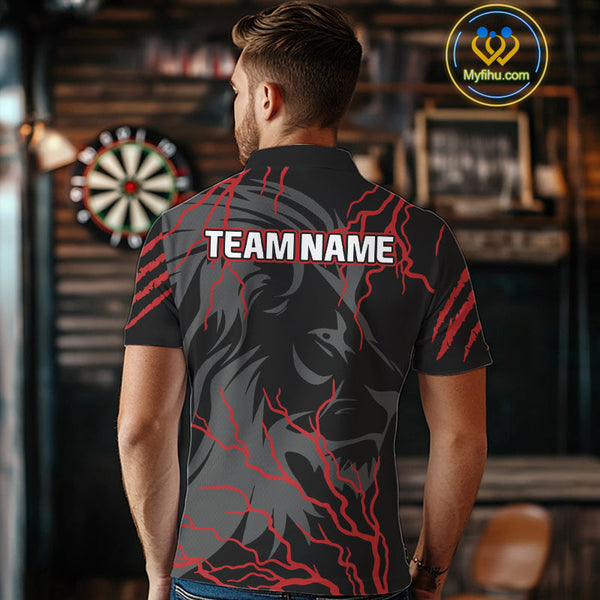 Custom Black And Red Thunder Lightning Lion Dart Jerseys, Dart Team Men Polo Shirts NYN0293