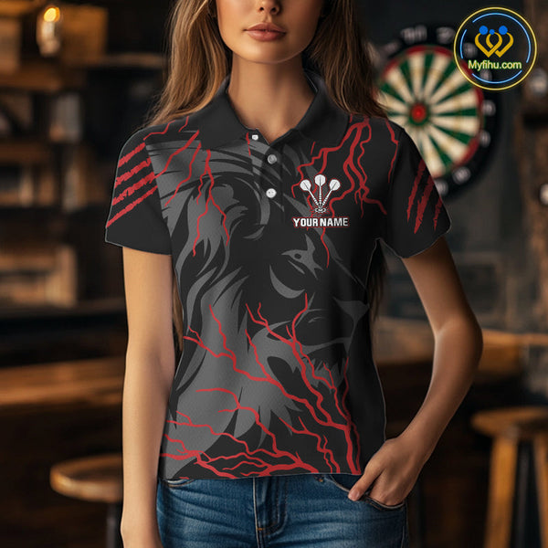 Custom Black And Red Thunder Lightning Lion Dart Jerseys, Dart Team Women Polo Shirts NYN0293
