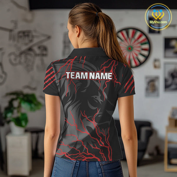Custom Black And Red Thunder Lightning Lion Dart Jerseys, Dart Team Women Polo Shirts NYN0293