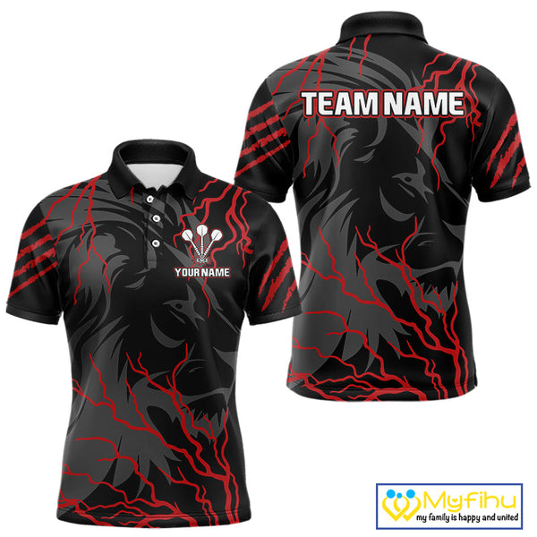 Custom Black And Red Thunder Lightning Lion Dart Jerseys, Dart Team Men Polo Shirts NYN0293