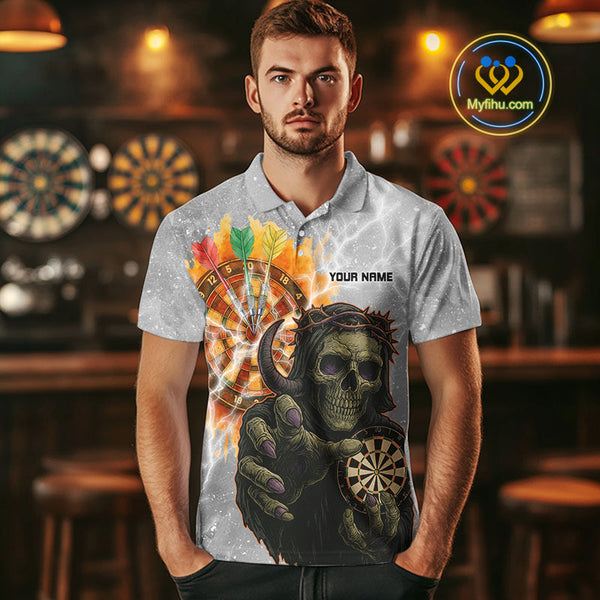 Custom Skull Dart Polo Shirts For Men, Dart Team Tournament Shirt Halloween Outfit NYN0295