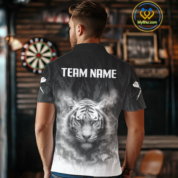 Custom Black And White Smoke Flame Tiger Dart Team Men Polo Shirts, Dart Tournament Outfit NYN0296