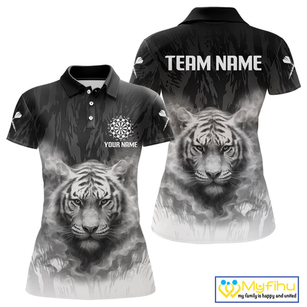 Custom Black And White Smoke Flame Tiger Dart Women Polo Shirts, Dart Tournament Outfit NYN0296
