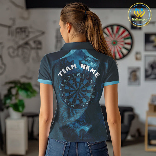Custom Black And Blue Wolf Dart Team Women Polo Shirts, Wolf Dart League Shirt NYN0306