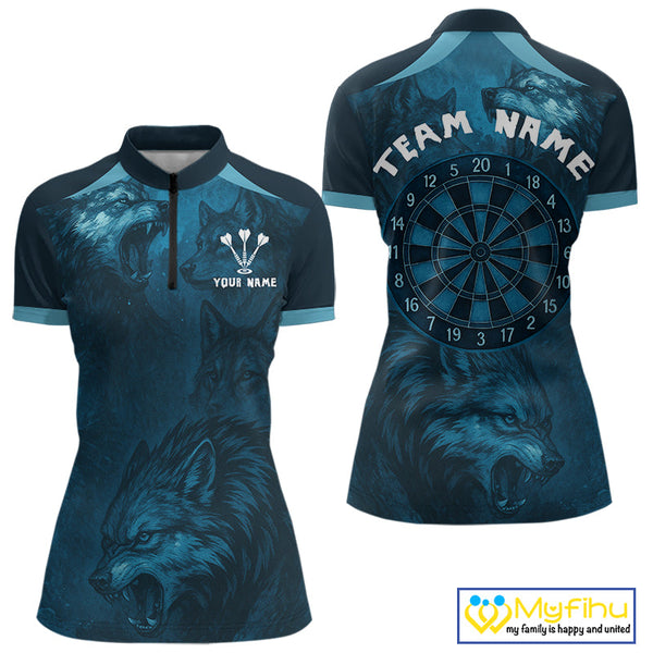 Custom Black And Blue Wolf Dart Team Women Quarter-Zip Shirts, Wolf Dart League Shirt NYN0306