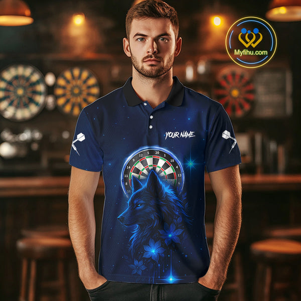 Custom Black And Blue Galaxy Wolf Dart Team Polo Shirt For Men, Dart Jersey NYN0577