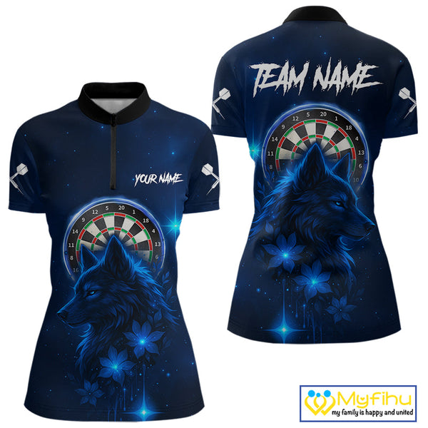 Custom Black And Blue Galaxy Wolf Dart Team Quarter-Zip Shirt For Women, Dart Jersey NYN0577