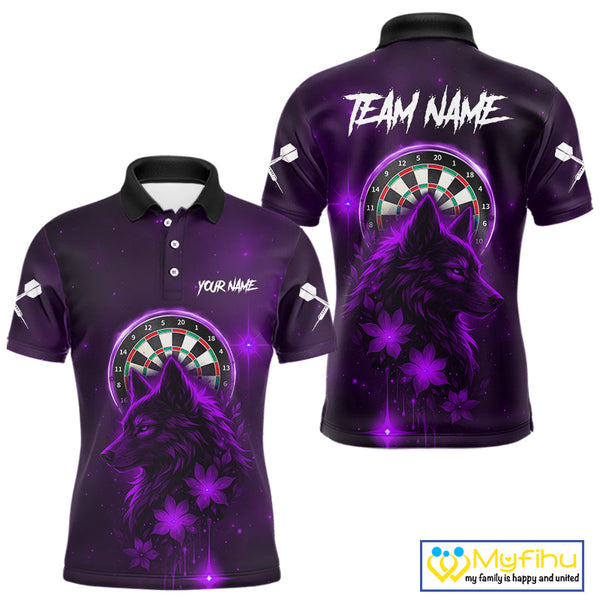 Custom Black And Purple Galaxy Wolf Dart Team Polo Shirt For Men, Dart Jersey NYN0578