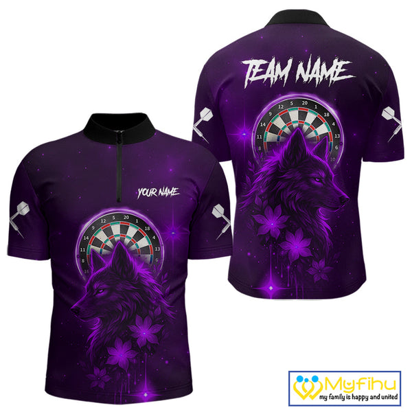 Custom Black And Purple Galaxy Wolf Dart Team Quarter-Zip Shirt For Men, Dart Jersey NYN0578