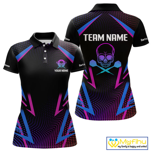 Custom Blue And Purple Skull Dart Polo Shirts For Women, Dart Tournament Team Shirt NYN0313