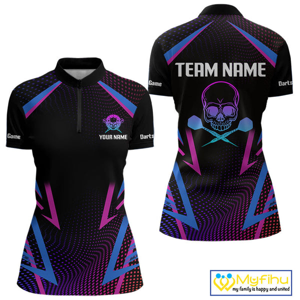 Custom Blue And Purple Skull Dart Quarter-Zip Shirts For Women, Dart Tournament Team Shirt NYN0313