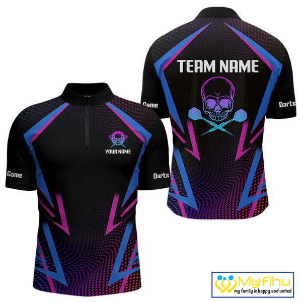 Custom Blue And Purple Skull Dart Quarter-Zip Shirts For Men, Dart Tournament Team Shirt NYN0313