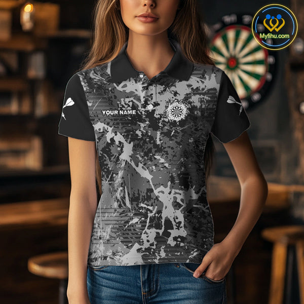 Custom Black And Gray Splatter Camouflage Dart Team Women Polo Shirts, Dart League Shirt NYN0321