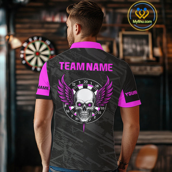 Custom Black And Pink Skull Darts Jersey, Skull And Wings Dart Polo Shirts For Men NYN0324