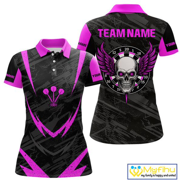 Custom Black And Pink Skull Darts Jersey, Skull And Wings Dart Polo Shirts For Women NYN0324