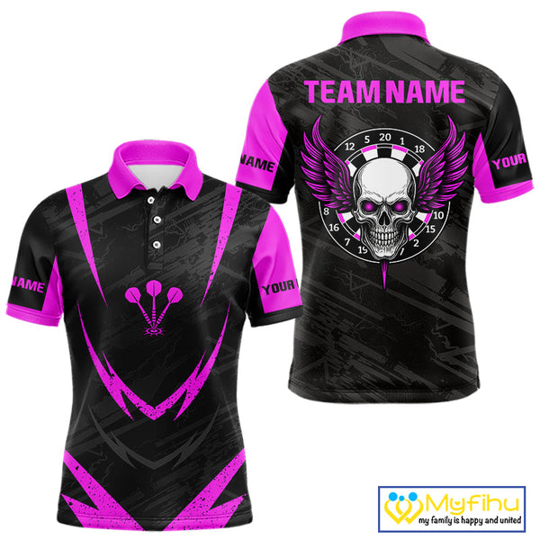 Custom Black And Pink Skull Darts Jersey, Skull And Wings Dart Polo Shirts For Men NYN0324