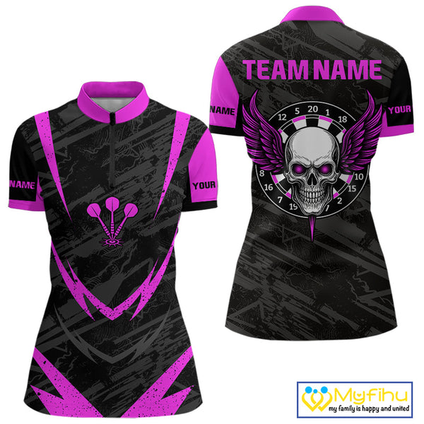 Custom Black And Pink Skull Darts Jersey, Skull And Wings Dart Women Quarter-Zip Shirt NYN0324