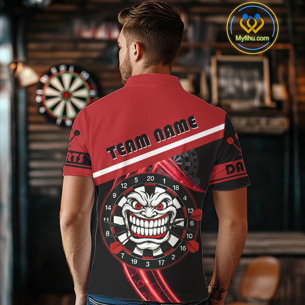 Custom Black And Red Tiki Mask Funny Dart Polo Shirt For Men, Dart Jerseys NYN0583